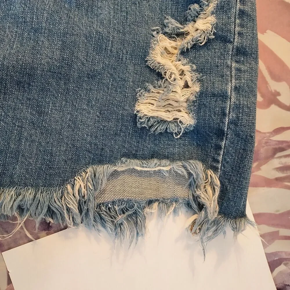 Cello Jeans Distressed Blue Denim Mini Skirt Raw Hem Size Large Destroyed - Picture 13 of 13